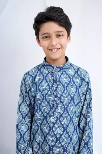 Boys Indigo Handblock Printed Full Sleeves Kurta With Paired White Cotton Pants
