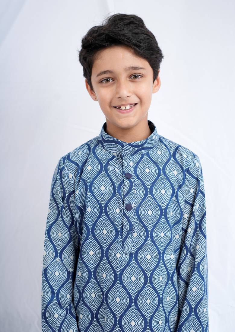 Boys Indigo Handblock Printed Full Sleeves Kurta With Paired White Cotton Pants