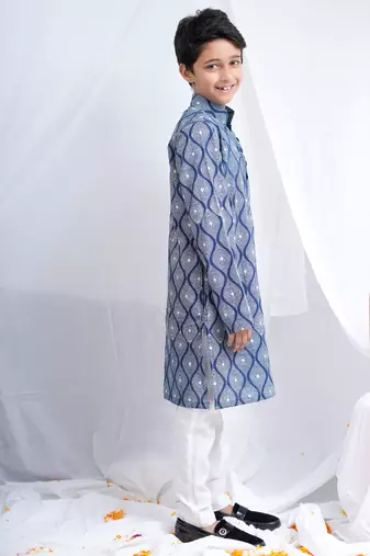 Boys Indigo Handblock Printed Full Sleeves Kurta With Paired White Cotton Pants