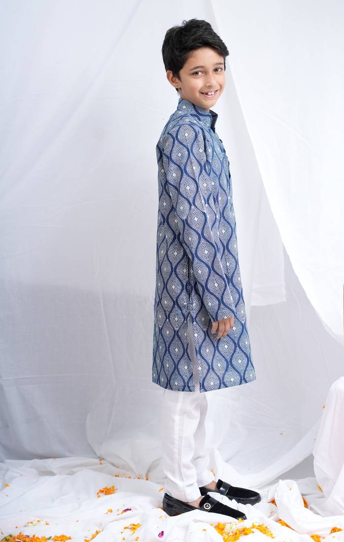 Boys Indigo Handblock Printed Full Sleeves Kurta With Paired White Cotton Pants
