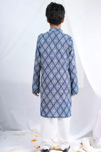 Boys Indigo Handblock Printed Full Sleeves Kurta With Paired White Cotton Pants