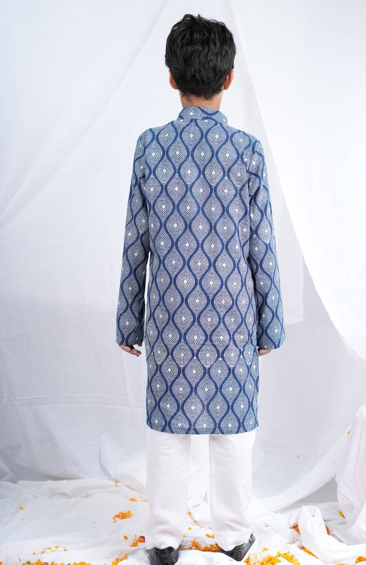 Boys Indigo Handblock Printed Full Sleeves Kurta With Paired White Cotton Pants