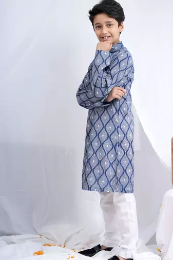Boys Indigo Handblock Printed Full Sleeves Kurta With Paired White Cotton Pants