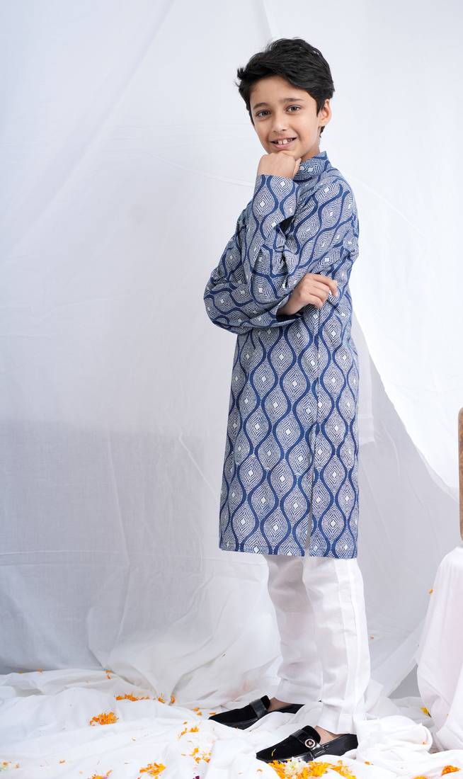 Boys Indigo Handblock Printed Full Sleeves Kurta With Paired White Cotton Pants