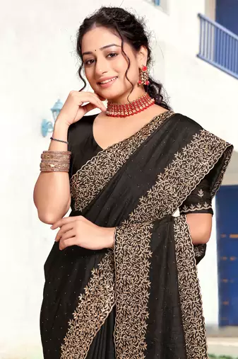 Black Sequin Zari Resham Embellished Art Silk Saree With Matching Blouse Piece