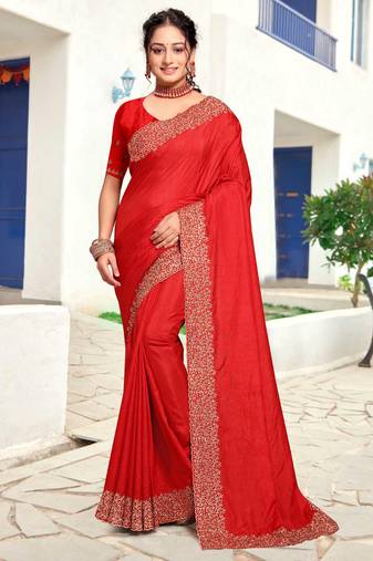 Red Sequin Zari Resham Embellished Art Silk Saree With Matching Blouse Piece