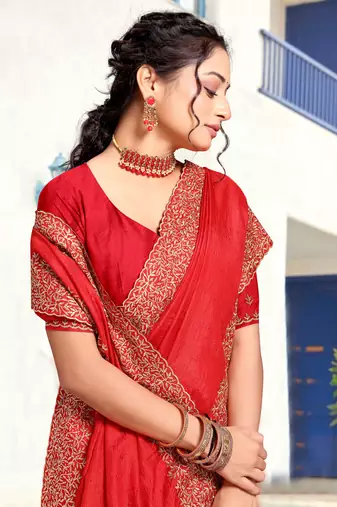 Red Sequin Zari Resham Embellished Art Silk Saree With Matching Blouse Piece