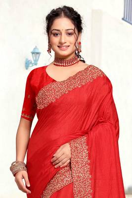 Red Sequin Zari Resham Embellished Art Silk Saree With Matching Blouse Piece 3