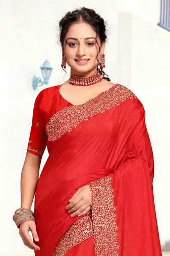 Red Sequin Zari Resham Embellished Art Silk Saree With Matching Blouse Piece