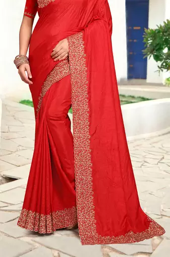 Red Sequin Zari Resham Embellished Art Silk Saree With Matching Blouse Piece