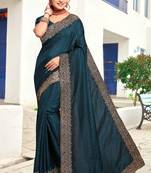 Teal Blue Sequin Zari Resham Embellished Art Silk Saree Sari With Matching Blouse Piece