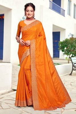 Mustard Sequin Zari Resham Embellished Art Silk Saree With Matching Blouse Piece 1