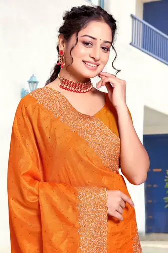 Mustard Sequin Zari Resham Embellished Art Silk Saree With Matching Blouse Piece