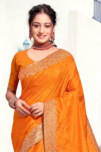 Mustard Sequin Zari Resham Embellished Art Silk Saree With Matching Blouse Piece