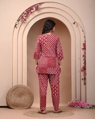 Maroon cotton block print night suit for women - comfortable sleepwear 4
