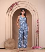Dark grey printed night suit with jacket, inner, and pants