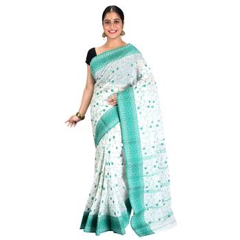 Aishani Collection Embroidered Pure Cotton Tant Handloom Saree with bp (White, Green) 1