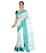 Aishani Collection Embroidered Pure Cotton Tant Handloom Saree with bp (White, Green)