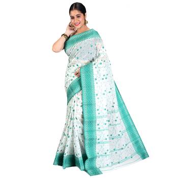 Aishani Collection Embroidered Pure Cotton Tant Handloom Saree with bp (White, Green) 2