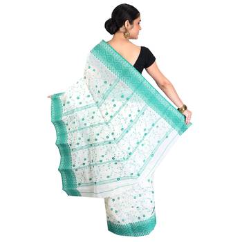 Aishani Collection Embroidered Pure Cotton Tant Handloom Saree with bp (White, Green) 3