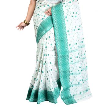 Aishani Collection Embroidered Pure Cotton Tant Handloom Saree with bp (White, Green) 4