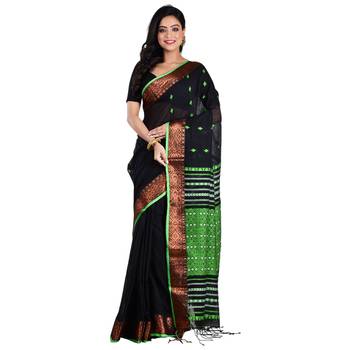 Aishani Collection Woven Mercerise Pure Cotton Copper Zari Border Handloom Saree with bp (Black, Green)  1