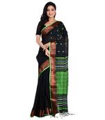 Aishani Collection Woven Mercerise Pure Cotton Copper Zari Border Handloom Saree with bp (Black, Green) 