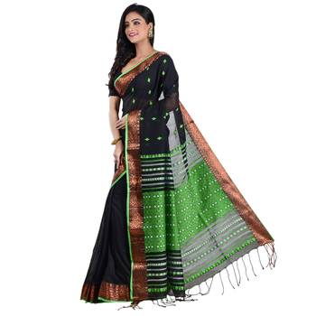 Aishani Collection Woven Mercerise Pure Cotton Copper Zari Border Handloom Saree with bp (Black, Green)  2