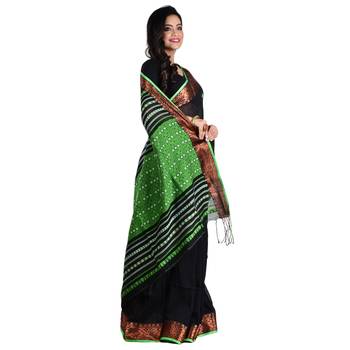 Aishani Collection Woven Mercerise Pure Cotton Copper Zari Border Handloom Saree with bp (Black, Green)  4