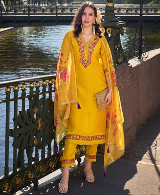  mustard viscose floral embroidered a-line kurta with pant & dupatta 1