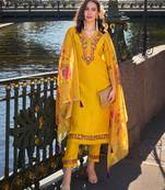  mustard viscose floral embroidered a-line kurta with pant & dupatta