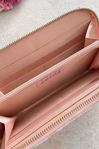 Baby pink anaqat silk embroidered wallet