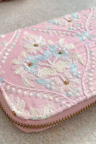 Baby pink anaqat silk embroidered wallet