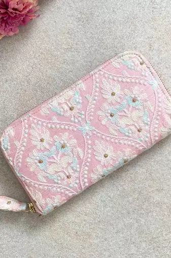 Baby pink anaqat silk embroidered wallet