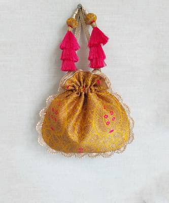 Mustard kashi yellow banarasi silk potli bag 1