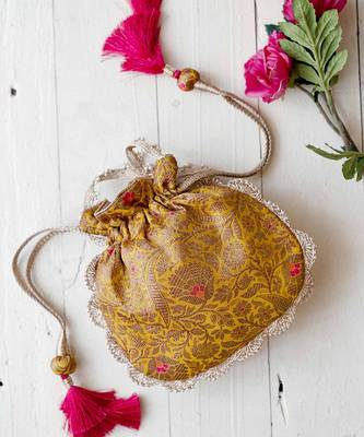 Mustard kashi yellow banarasi silk potli bag 2