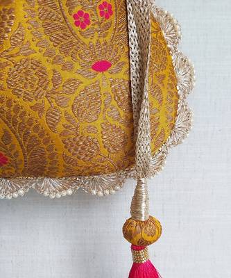 Mustard kashi yellow banarasi silk potli bag 3