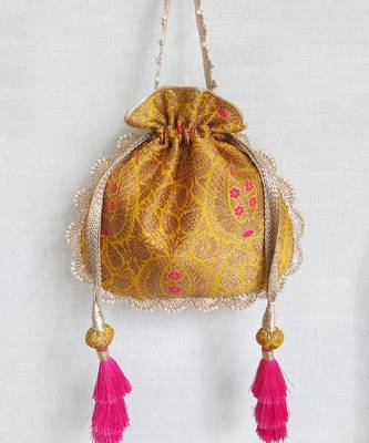 Mustard kashi yellow banarasi silk potli bag 4