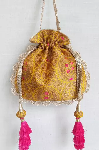 Mustard kashi yellow banarasi silk potli bag