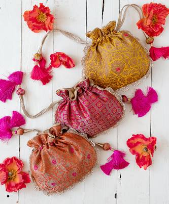 Mustard kashi yellow banarasi silk potli bag 5