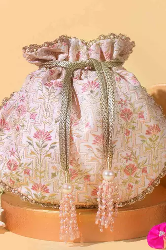 Baby pink mogra scallop potli bag