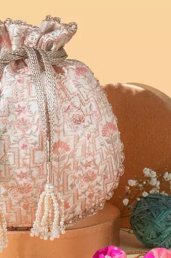 Off white mogra scallop potli bag