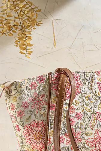 Multi color ivy floral embroidered tote bag