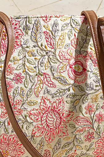 Multi color ivy floral embroidered tote bag