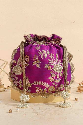 Purple purple embroidered scallop potli bag