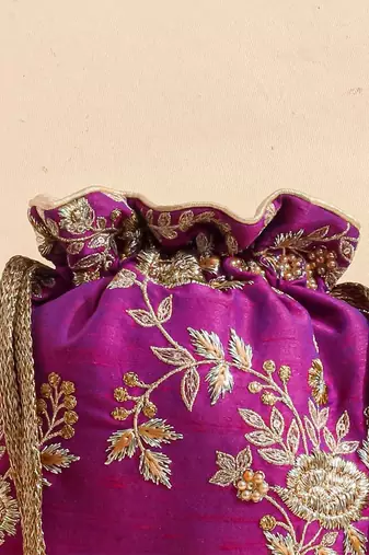 Purple purple embroidered scallop potli bag