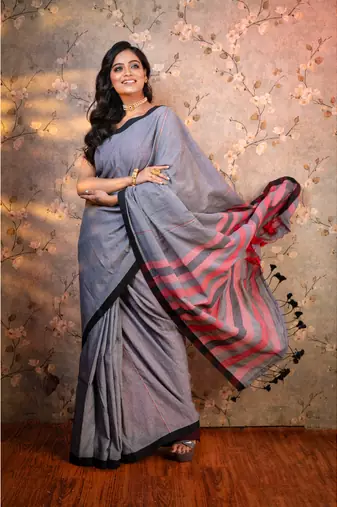 Grey handloom cotton saree with multicolor pallu with running blouse piece