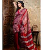 Maroon handloom cotton saree with grey stripe pallu with running blouse piece