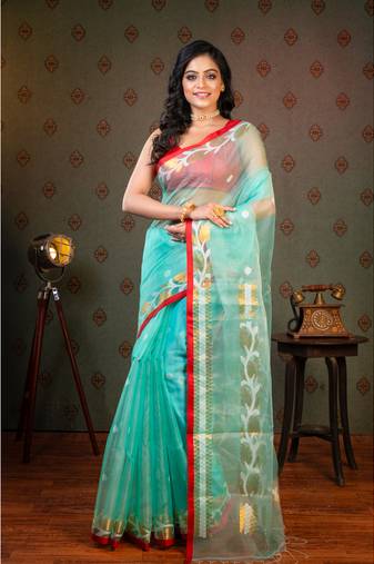 Sea green pure muslin silk saree with red border and floral motifs