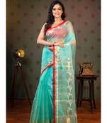 Sea green pure muslin silk saree with red border and floral motifs